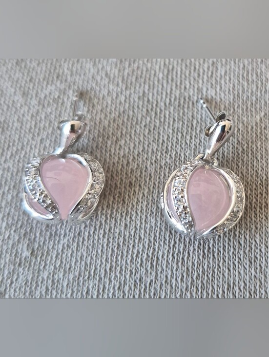 Jewelry - Sterling Silver Pink Heart Drop Earrings with Cubic Zirconia